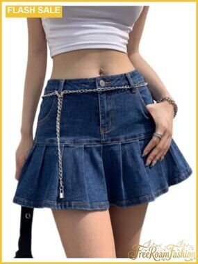Denim Skort Mini Skirt Built in Shorts Ruffle Pleated A Line Jean Skirt